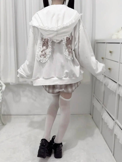 Lace Bunny Ears Black White Zip-up Hoodies