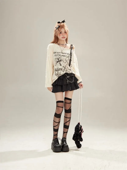 Gothic Graphic Off-Shoulder Buckle Long Sleeve Beige Gray Tee