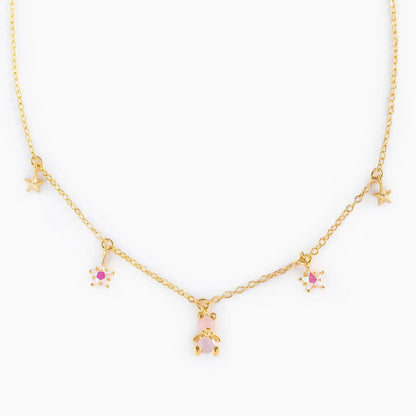 Kawaii Starry Bear Pink 18K Gold-Plated Station Necklace