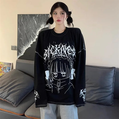 Oversized Harajuku Gothic "Sickness" Anime Girl White Black Tee