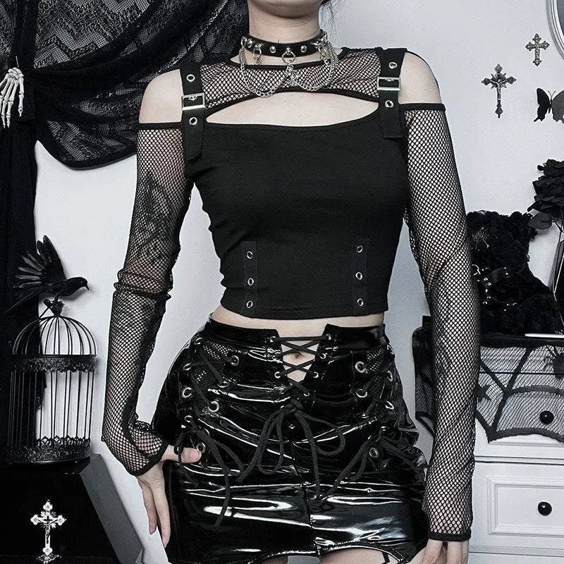 Midnight Mesh Buckle Gothic Women's Crop Top