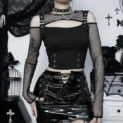Midnight Mesh Buckle Gothic Women's Crop Top