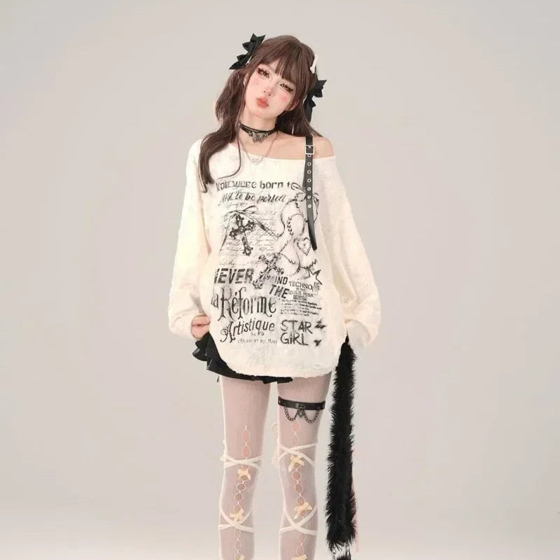Gothic Graphic Off-Shoulder Buckle Long Sleeve Beige Gray Tee