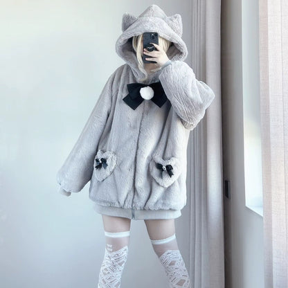 Japanese-themed Kawaii Cat Ears Bow Fluffy Jacket Coat