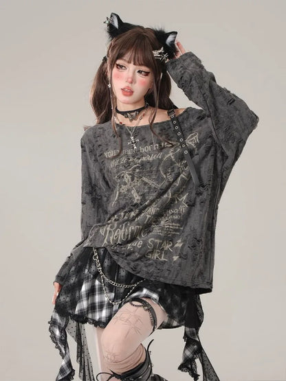 Gothic Graphic Off-Shoulder Buckle Long Sleeve Beige Gray Tee