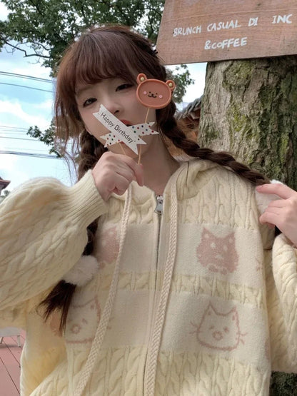 Kawaii Creamy Knit Cat Patch Zip-Up Hoodie