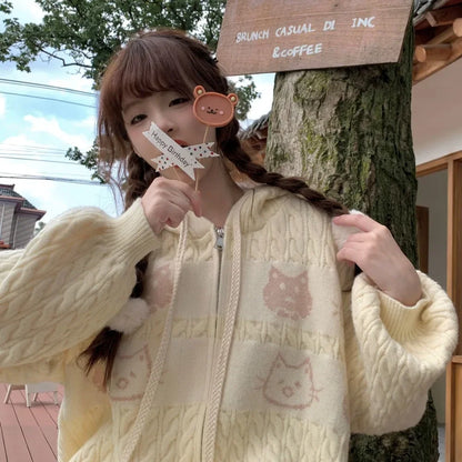 Kawaii Creamy Knit Cat Patch Zip-Up Hoodie