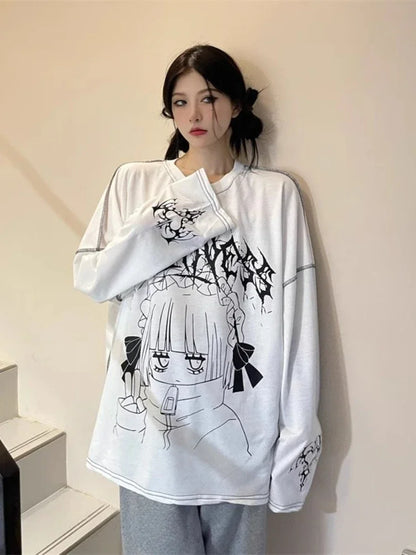 Oversized Harajuku Gothic "Sickness" Anime Girl White Black Tee