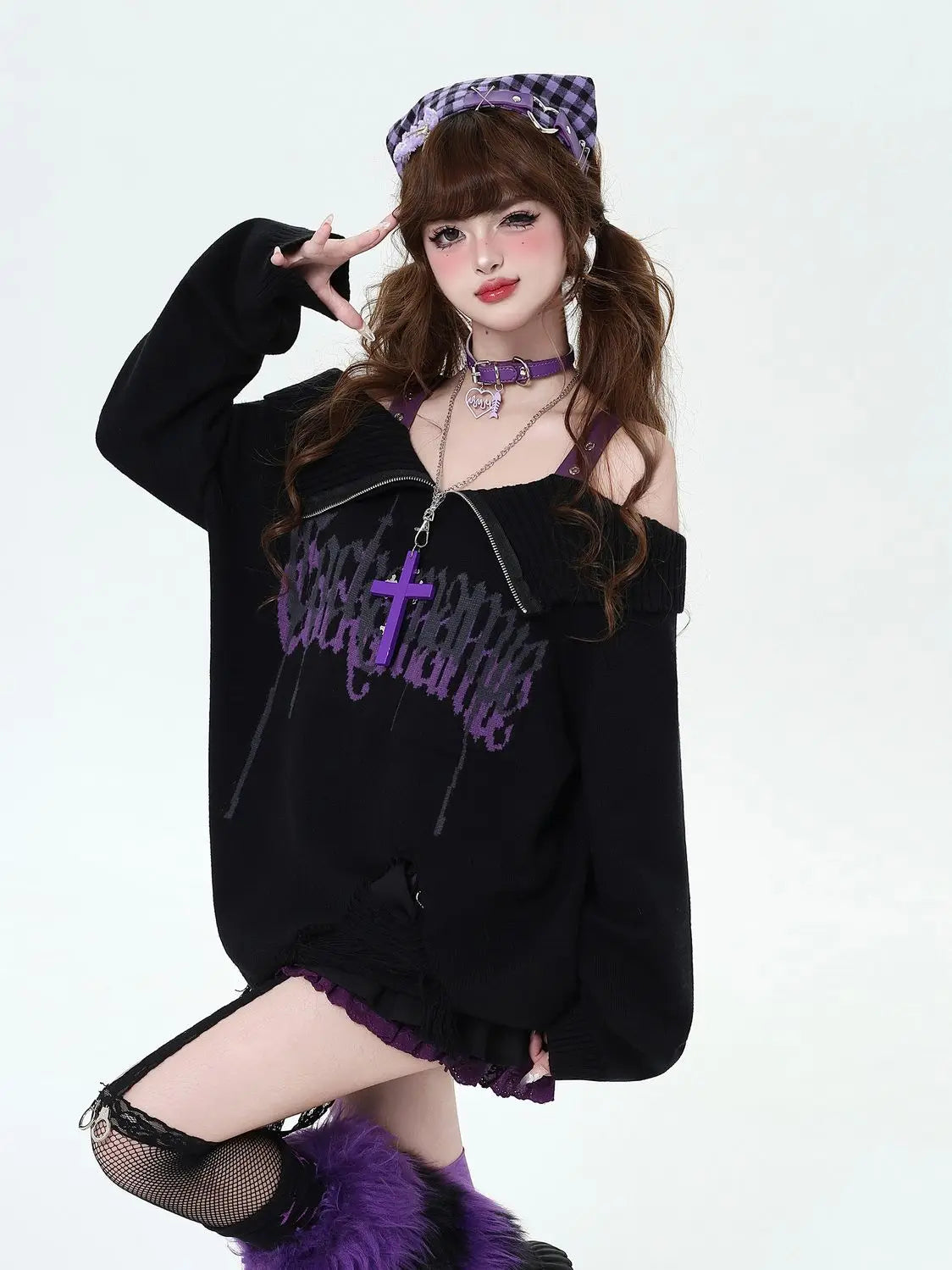 Gothic Off-Shoulder Oversized Women's Black Purple Sweater