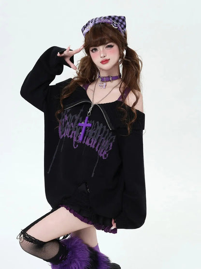 Gothic Off-Shoulder Oversized Women's Black Purple Sweater