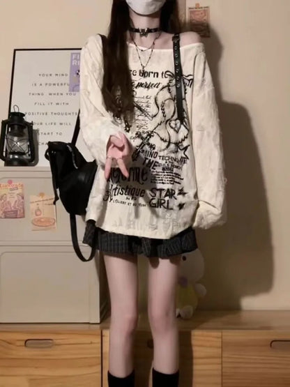 Gothic Graphic Off-Shoulder Buckle Long Sleeve Beige Gray Tee