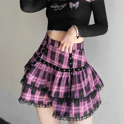 Harajuku Lolita Gothic Black Pink Laced Plaid Pleated Skirt