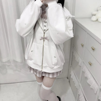 Lace Bunny Ears Black White Zip-up Hoodies