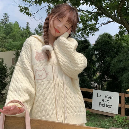 Kawaii Creamy Knit Cat Patch Zip-Up Hoodie