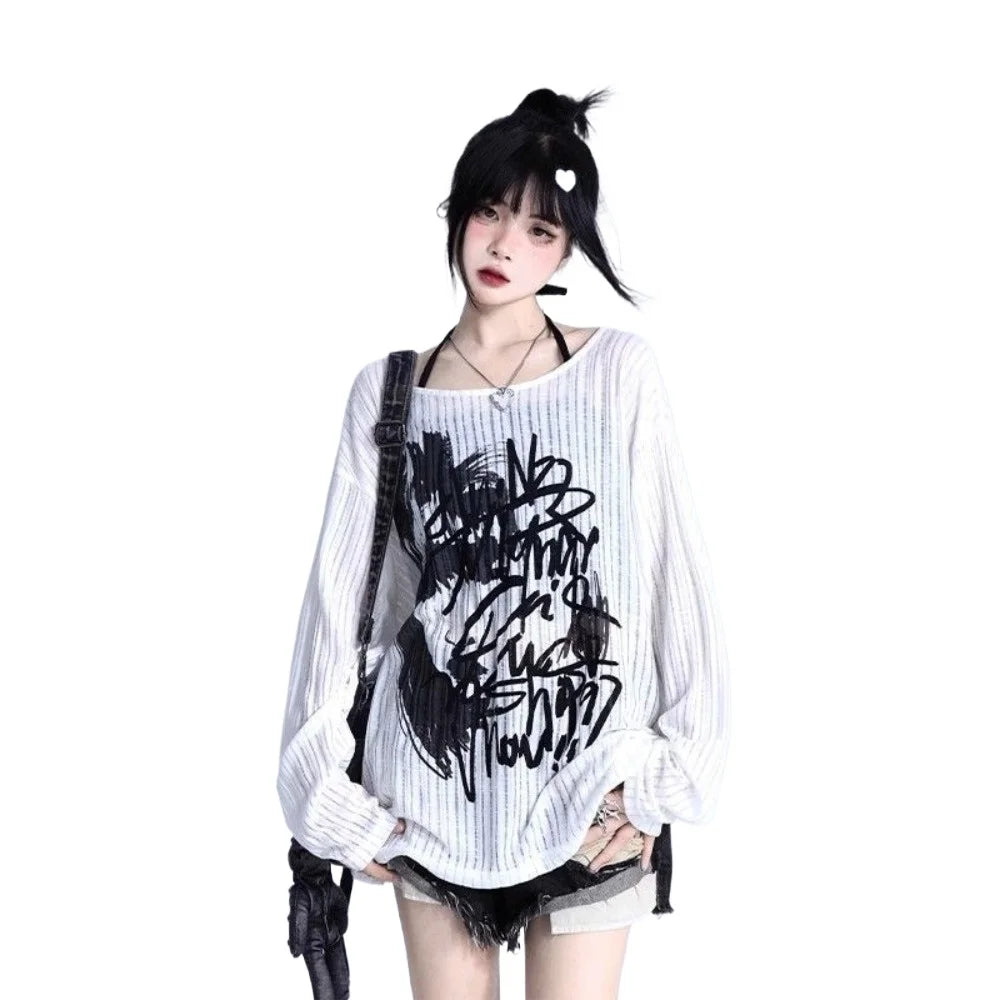 Graffiti Print Oversized Ribbed Long Sleeve Top