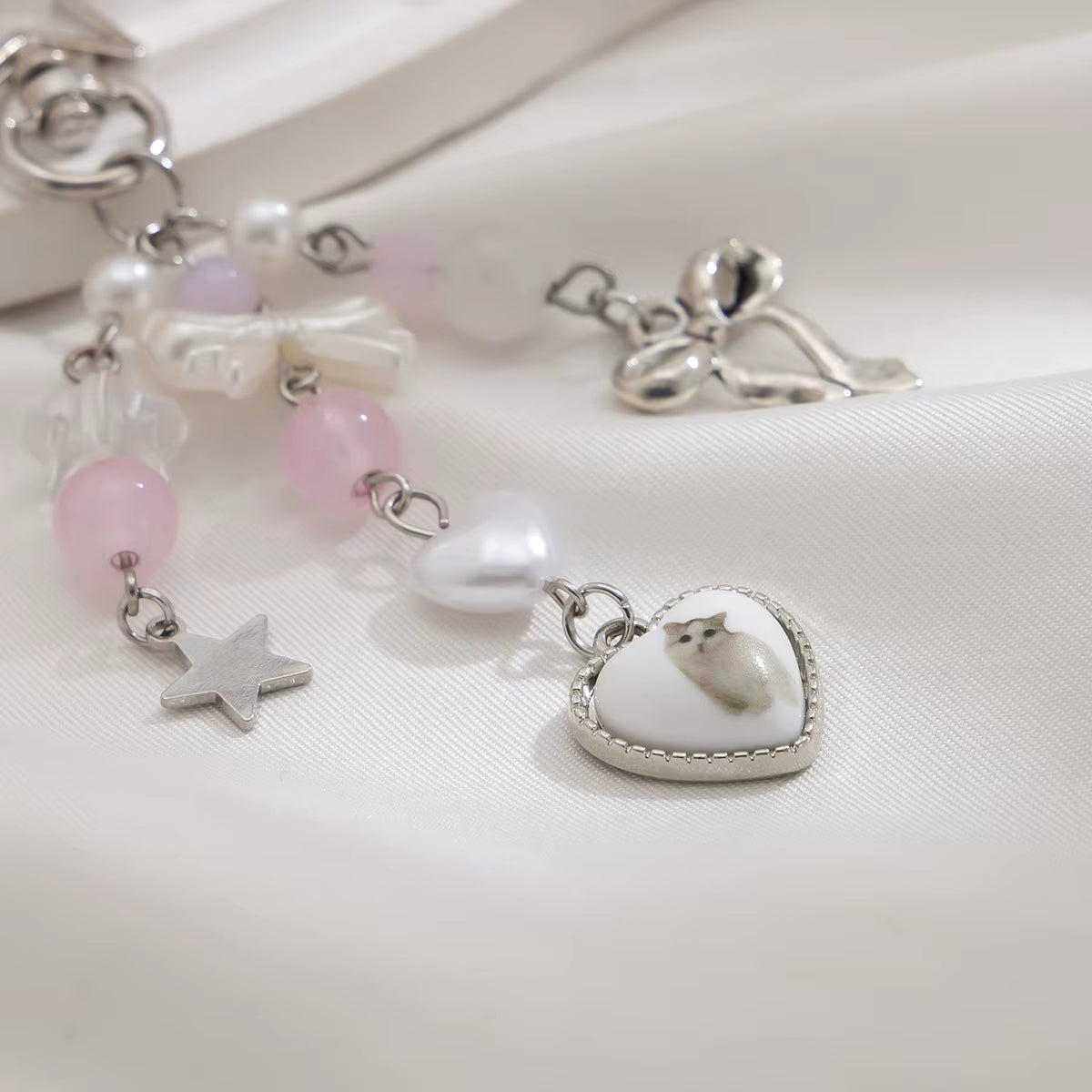 Pastel Pearly Bows Pink Star Charm Keychain
