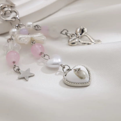 Pastel Pearly Bows Pink Star Charm Keychain