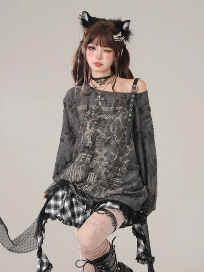 Gothic Graphic Off-Shoulder Buckle Long Sleeve Beige Gray Tee