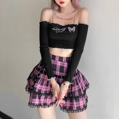 Harajuku Lolita Gothic Black Pink Laced Plaid Pleated Skirt