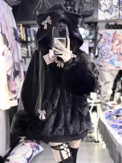 Japanese-themed Kawaii Cat Ears Bow Fluffy Jacket Coat
