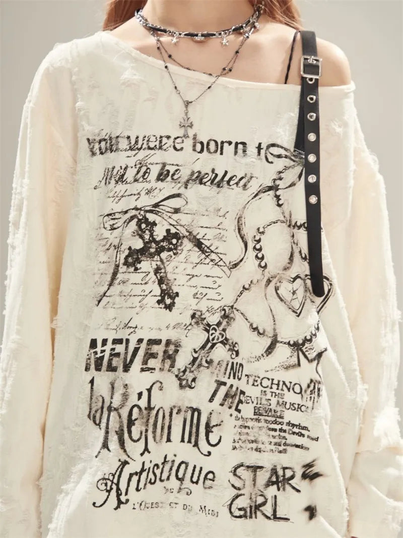 Gothic Graphic Off-Shoulder Buckle Long Sleeve Beige Gray Tee