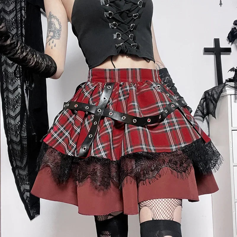 Harajuku Lolita Gothic Rouge Red Laced Plaid Pleated Skirt
