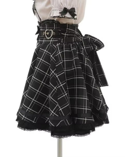 Gothic Heart Bow High Waist Black Plaid Skirt