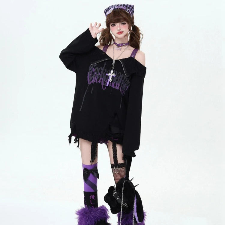 Gothic Off-Shoulder Oversized Women's Black Purple Sweater