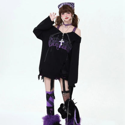Gothic Off-Shoulder Oversized Women's Black Purple Sweater