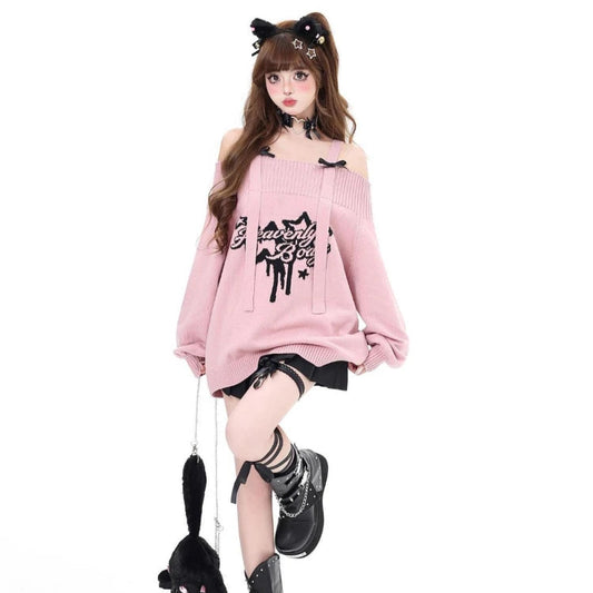 Gothic "Heavenly Body" Oversized Off-Shoulder Women's Black Pink Sweater