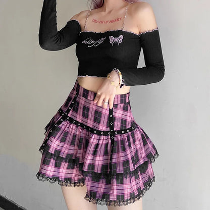 Harajuku Lolita Gothic Black Pink Laced Plaid Pleated Skirt