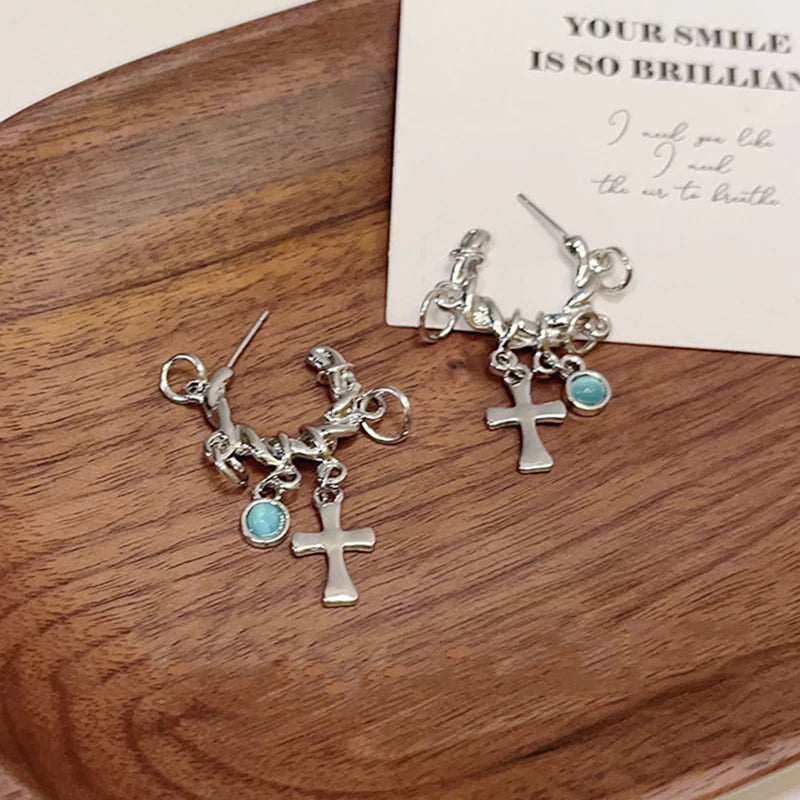 Chrome Cross Hoop Earrings