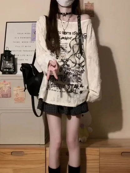 Gothic Graphic Off-Shoulder Buckle Long Sleeve Beige Gray Tee