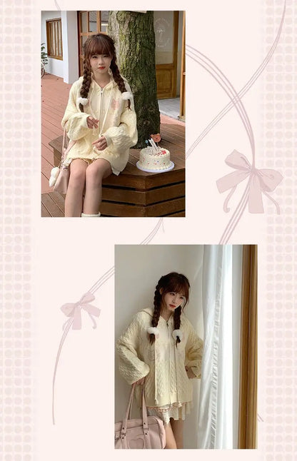 Kawaii Creamy Knit Cat Patch Zip-Up Hoodie