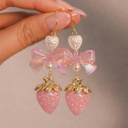 Pastel Strawberry Cottagecore Bow Earrings