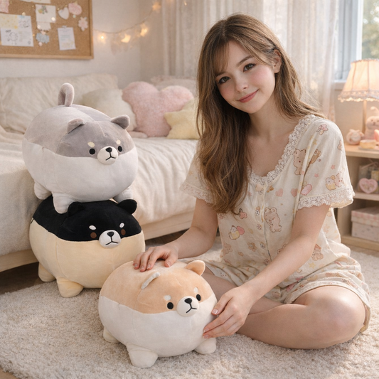Woman sitting on the floor with three plush toys in a cozy room.