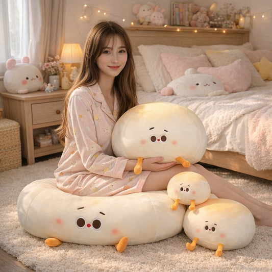 Woman holding a large plush toy in a cozy bedroom setting