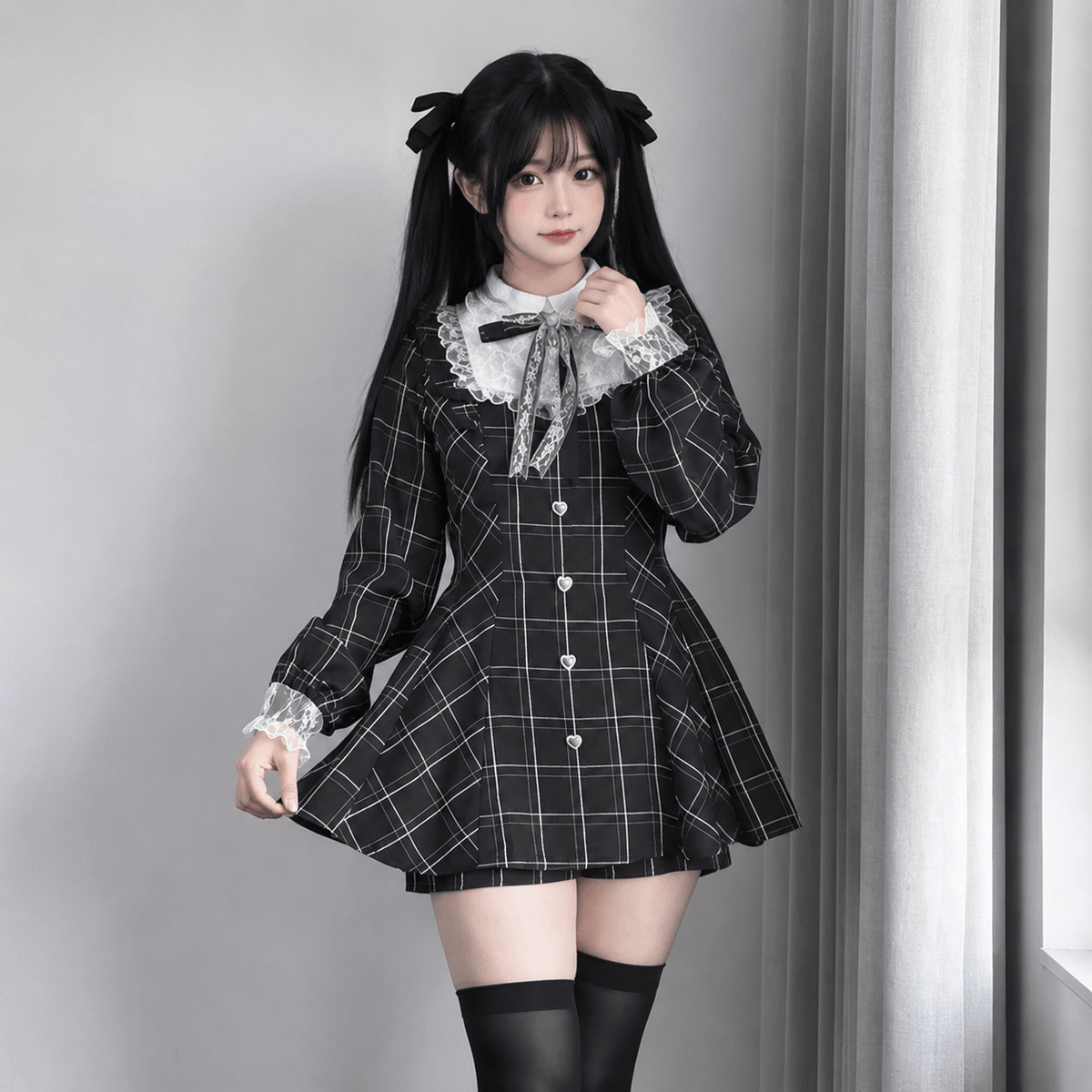 Kawaiies Collection - Apparel - Harajuku Black Plaid Hearts Laced Lolita Women's Dress