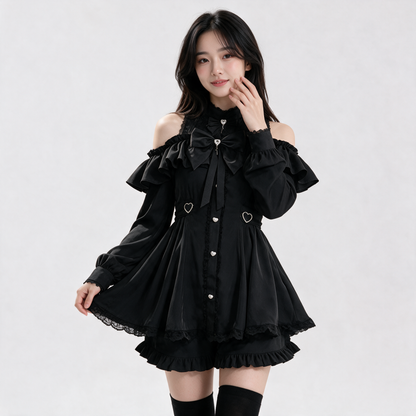 Japanese Gothic Y2K Lolita Bow Black Dress & Shorts Set