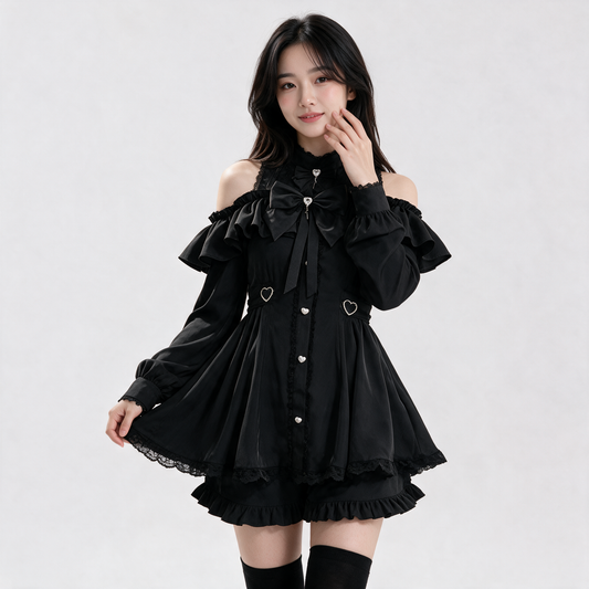Japanese Gothic Y2K Lolita Bow Black Dress & Shorts Set