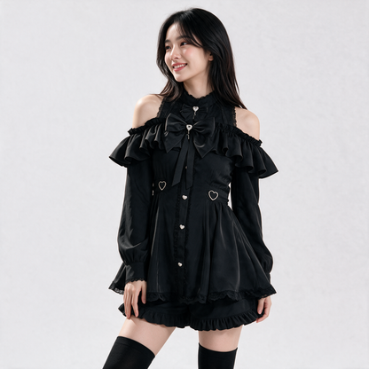 Japanese Gothic Y2K Lolita Bow Black Dress & Shorts Set