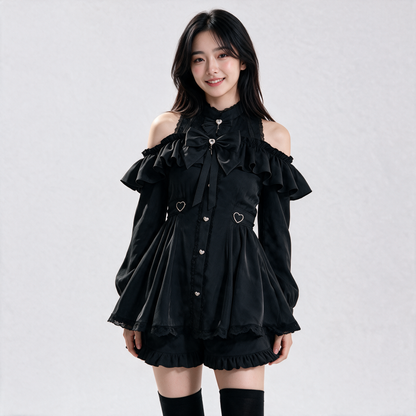 Japanese Gothic Y2K Lolita Bow Black Dress & Shorts Set