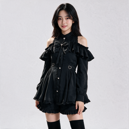 Japanese Gothic Y2K Lolita Bow Black Dress & Shorts Set