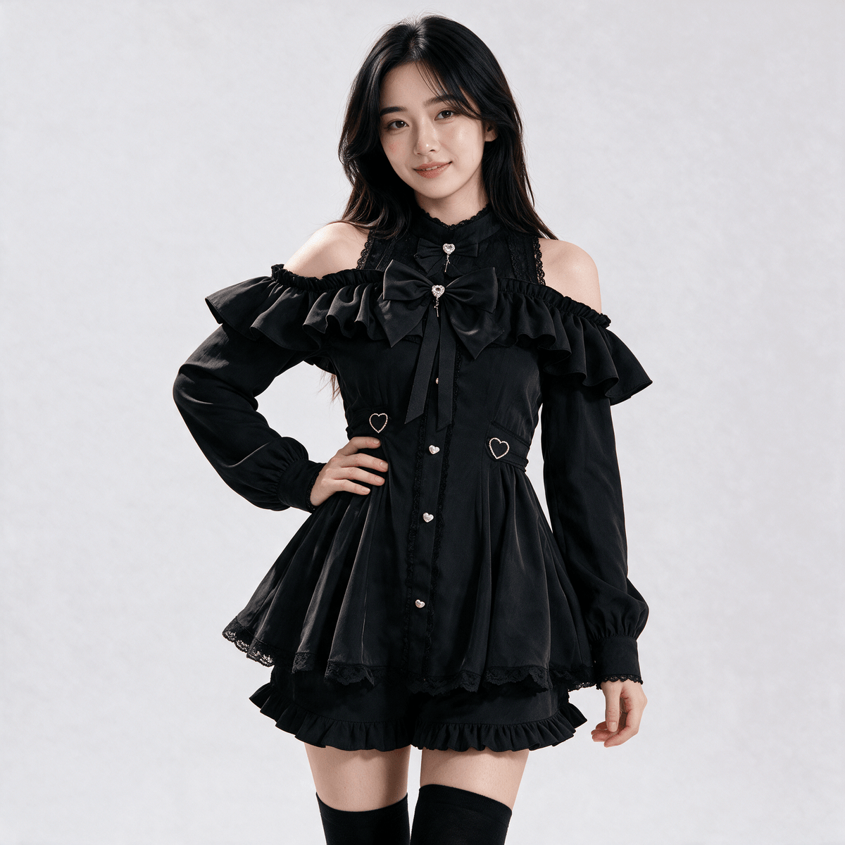 Kawaiies Collection - Apparel - Japanese Gothic Y2K Lolita Bow Black Dress & Shorts Set