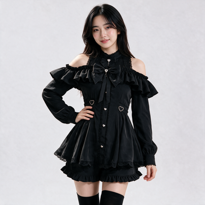 Japanese Gothic Y2K Lolita Bow Black Dress & Shorts Set