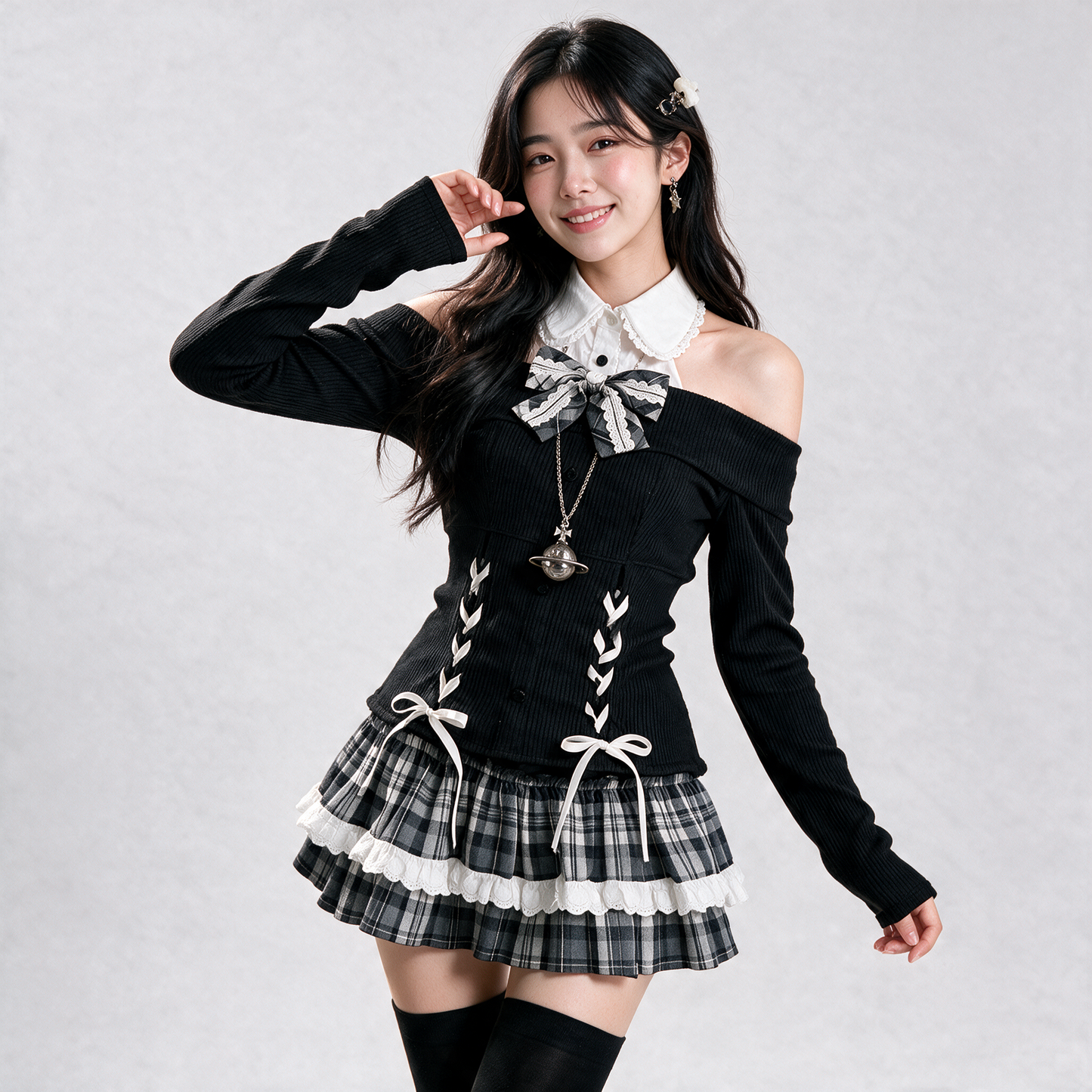 Japanese Gothic Y2K Lolita Black Checked Skirt Set