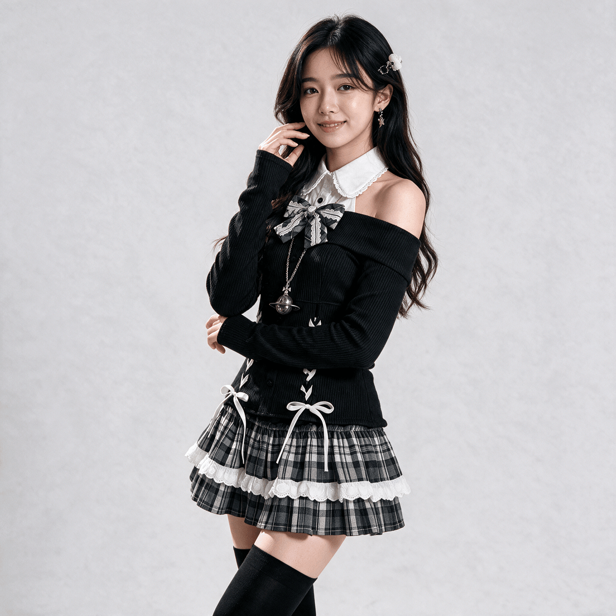 Kawaiies Collection - Apparel - Japanese Gothic Y2K Lolita Black Checked Skirt Set