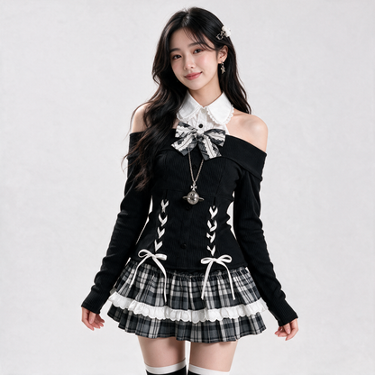 Japanese Gothic Y2K Lolita Black Checked Skirt Set
