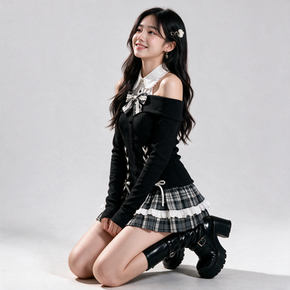 Japanese Gothic Y2K Lolita Black Checked Skirt Set