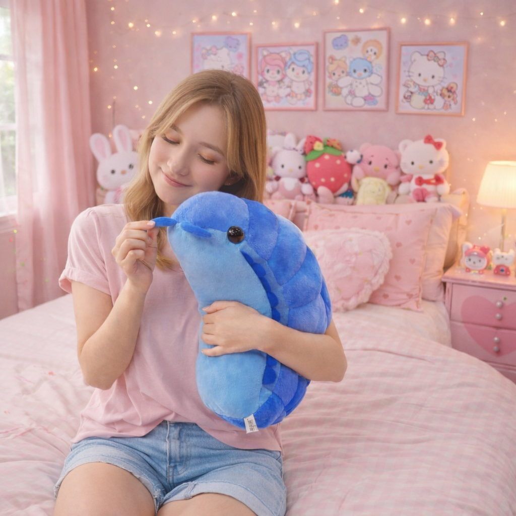 Woman holding a blue plush toy in a room decorated with Hello Kitty posters and plush toys.